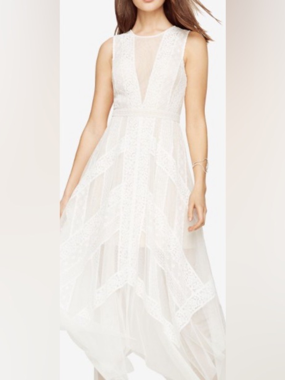 BCBGMaxAzria Ivory Lace Handkerchief-Hem Gown